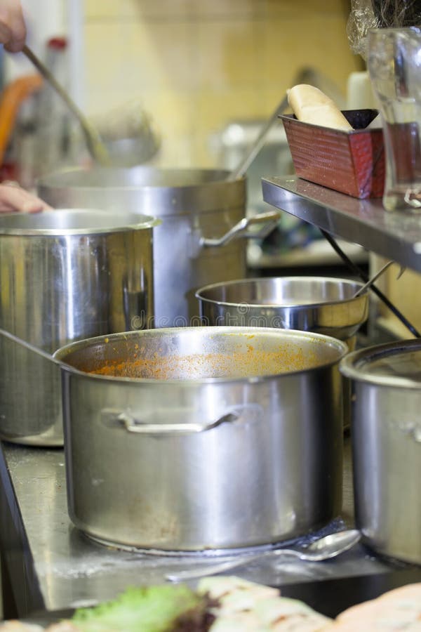 Various Pots in a Commercial Kitchen Stock Photo Image of work