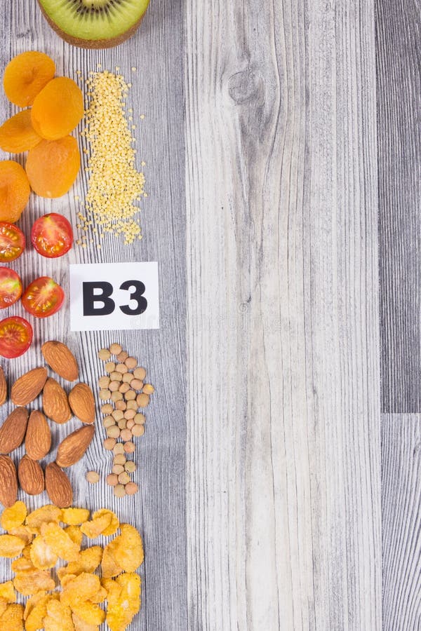 Various Products or Ingredients As Source Natural Vitamin B3. Copy Space for Text Stock Photo