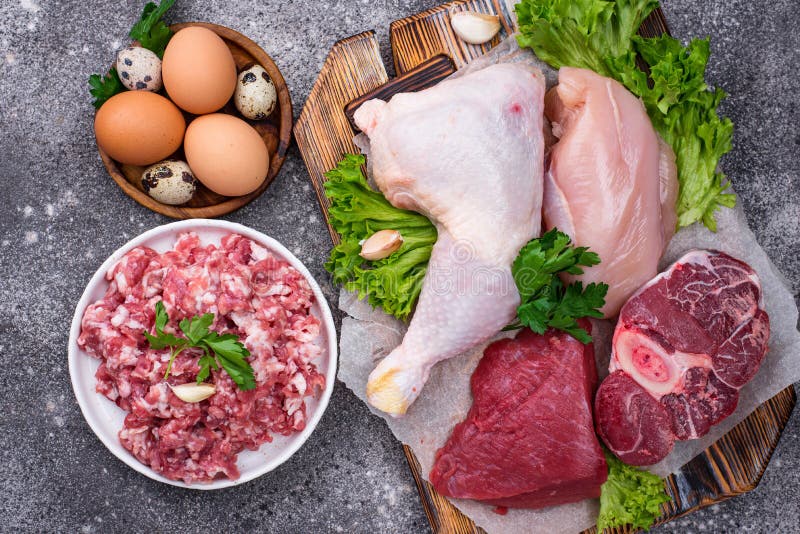 Various raw meat, sources of animal protein royalty free stock image