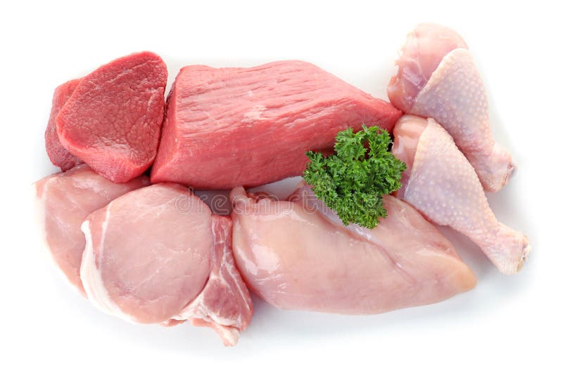 Various Raw Meats on White Background Stock Photo Image of organic