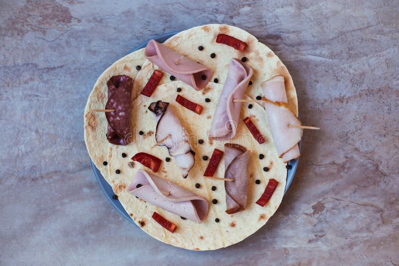 Various Sausages on Pita Bread Stock Image Image of delicatessen