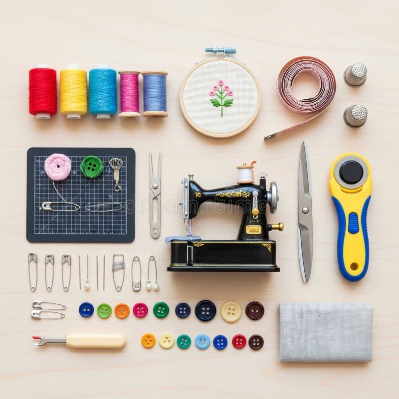 Various sewing tools and accessories are neatly arranged on a l stock illustration