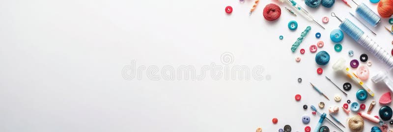 Various sewing tools are neatly arranged on a white surface, featuring colorful buttons, threads, and needles, leaving stock image