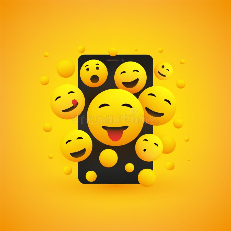 Various Smiling Happy Yellow Emoticons in Front of a Smart Phone Screen