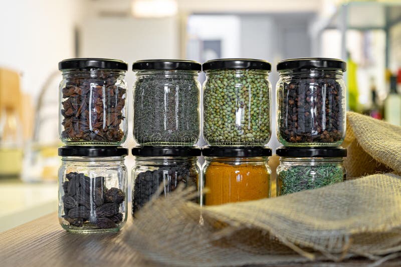 Various Spices and Herbs in Glass Jars for Cooking, Indian Spices