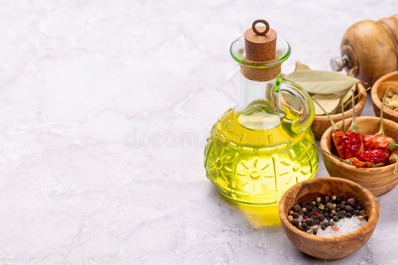 Various spices and olive oil royalty free stock photos