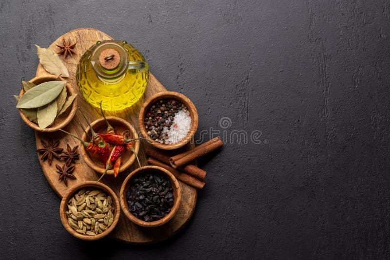 Various spices and olive oil royalty free stock photos