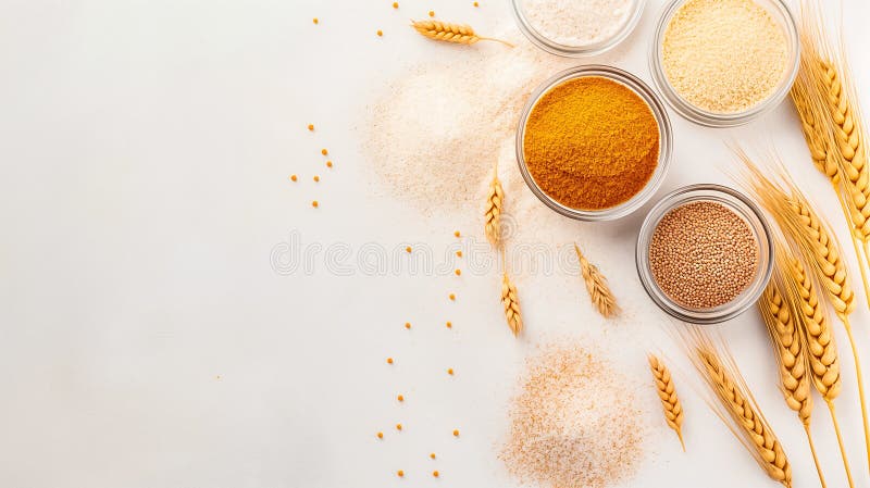 Various spices are presented in clear jars alongside wheat stalks against a minimalist background, emphasizing the royalty free stock image