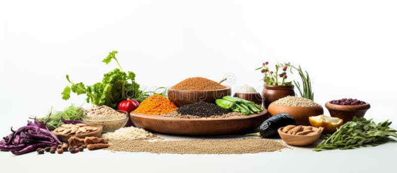 Various spices and vegetables displayed on the table stock photo
