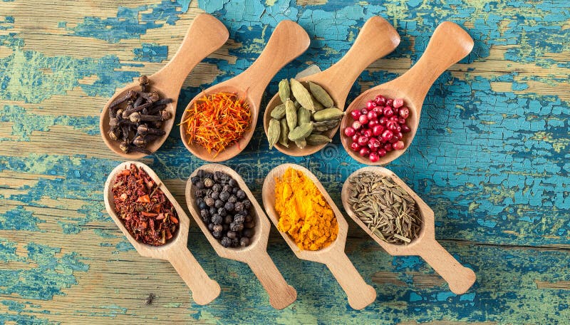 Various spices in wooden spoons on wooden background