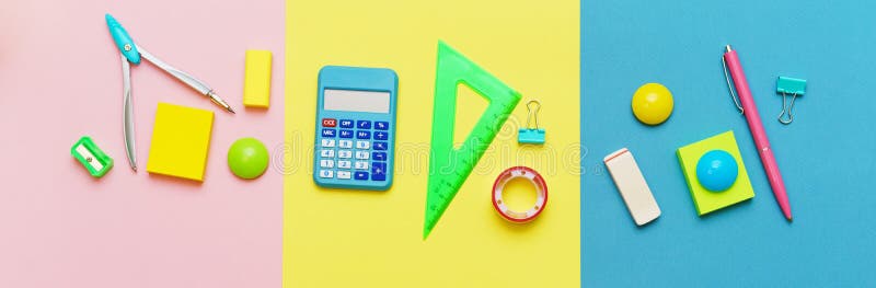 Various stationery for the school on a multicolored background. Back to school royalty free stock image