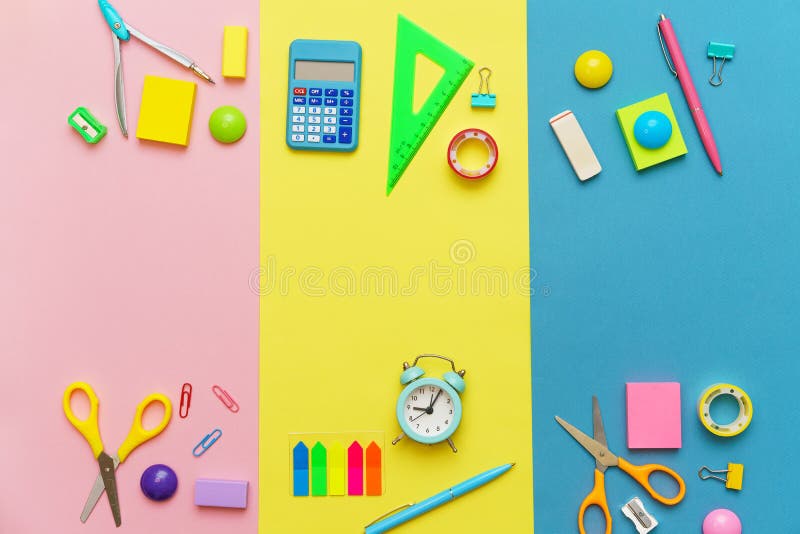 Various stationery for the school on a multicolored background. Back to school royalty free stock photo