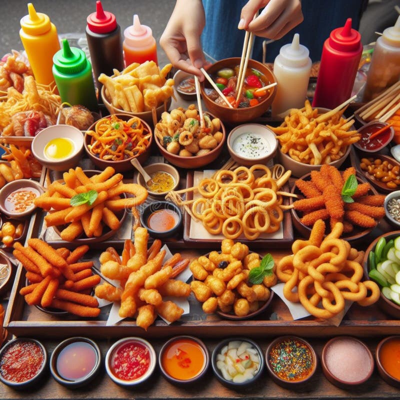 Various Street Food Snacks Sell by Street Food Seller Background Stock