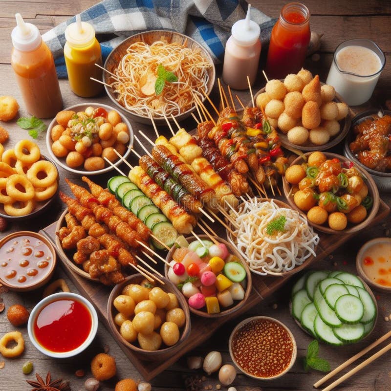 Various Street Food Snacks Sell by Street Food Seller Background Stock