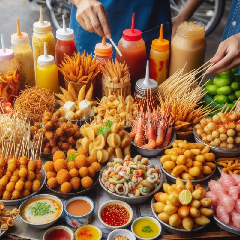 Various Street Food Snacks Sell by Street Food Seller Background Stock