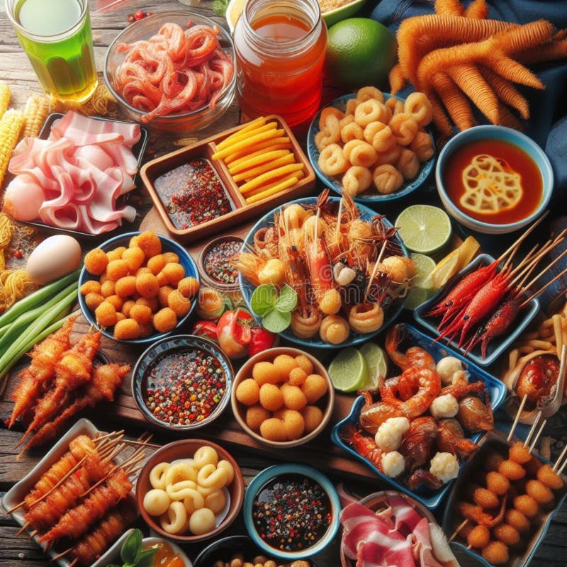 Various Street Food Snacks Sell by Street Food Seller Background Stock