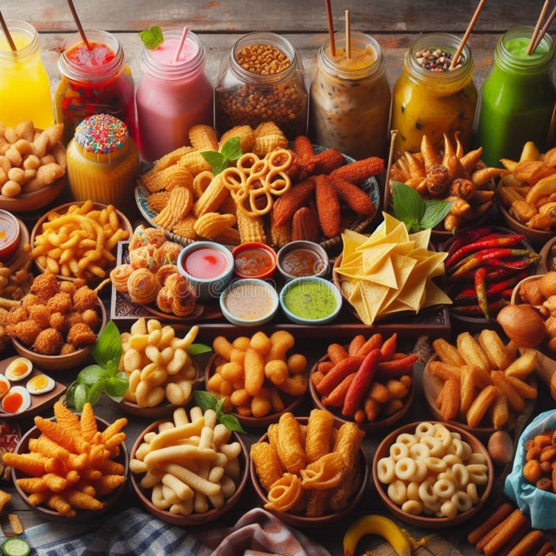 Various Street Food Snacks Sell by Street Food Seller Background Stock