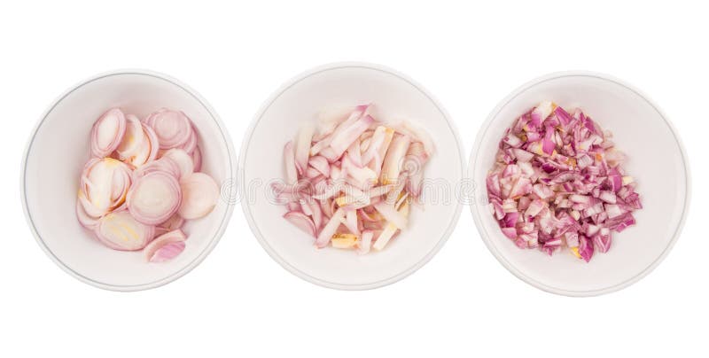 Various style of chopped onions in a bowl over white background. Various style of chopped onions in a bowl over white background