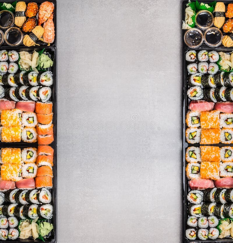 Sushi Tray To Go with Chopsticks Kit, Soy Sauce and Wasabi.Nigiri. Maki.  Sashimi. Salmon. Tuna. Soy. Wakame Stock Photo - Image of fast, delivering:  187683650