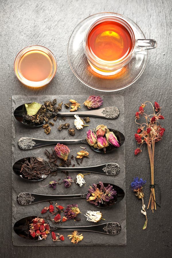 Various Tea, Dried Herbs, Dried Berries and Flowers. Top View, Vertical