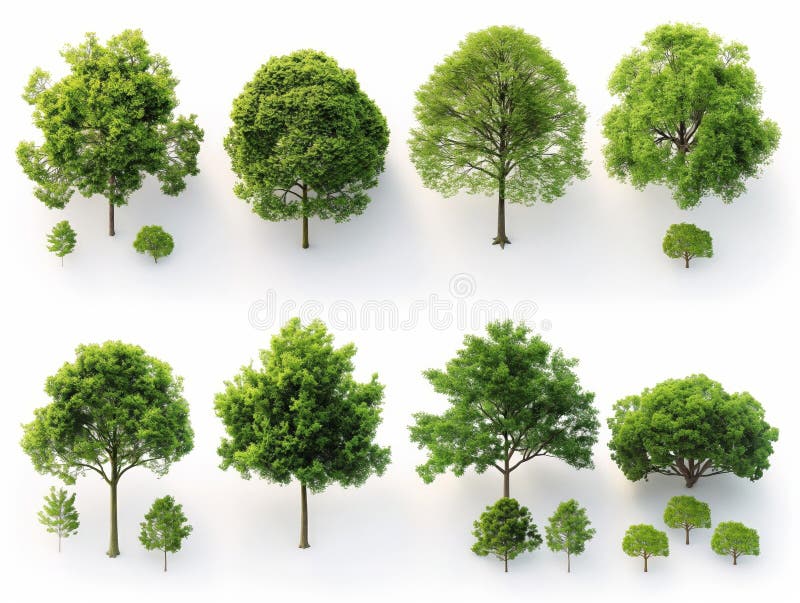 A collection of different tree species isolated on a white background, showing diversity in foliage and size. AI generated. A collection of different tree species isolated on a white background, showing diversity in foliage and size. AI generated
