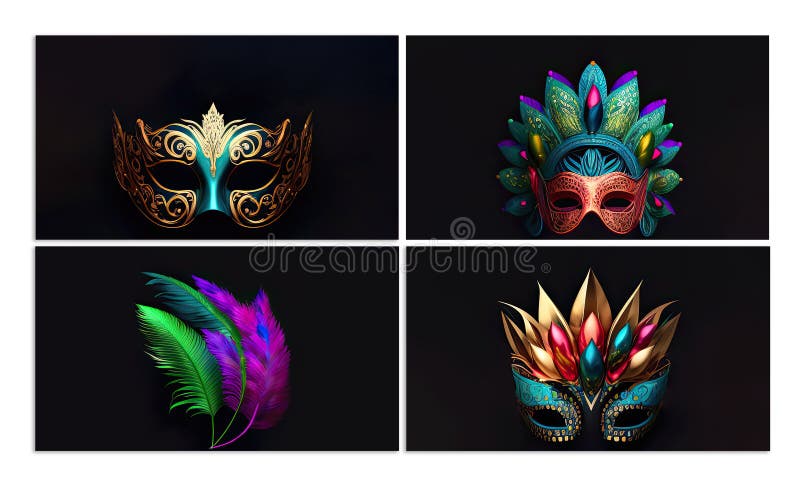 Various Type Carnival Masks and Feathers on Black Background. 3D Stock