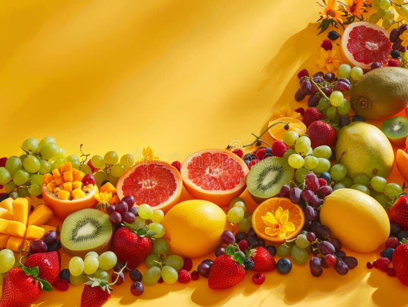 Various type of fresh fruit with beautiful decoration, copyspace area - ai stock illustration