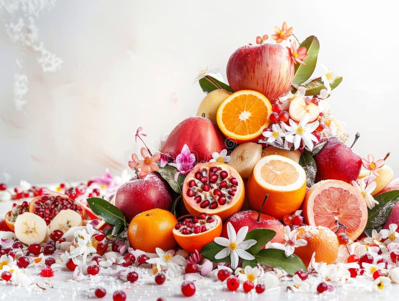 Various type of fresh fruit with beautiful decoration, copyspace area - ai royalty free illustration
