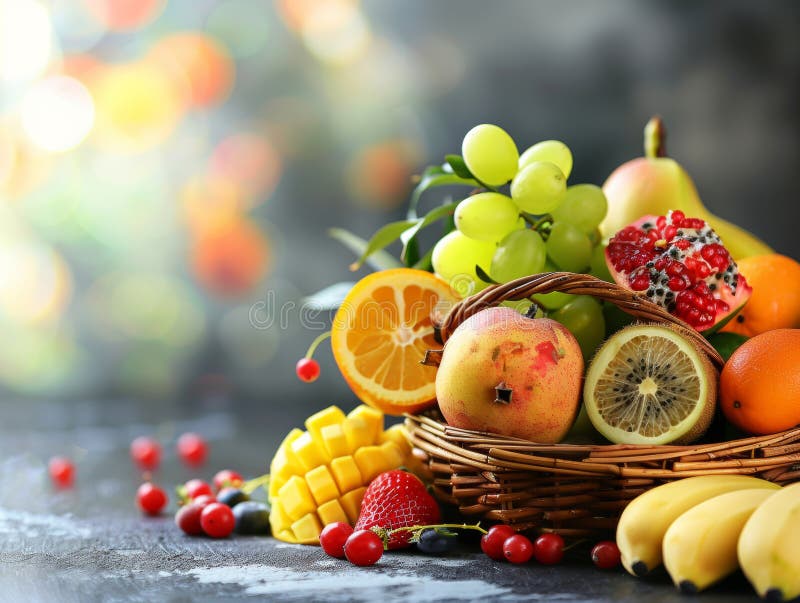 Various type of fresh fruit with beautiful decoration, copyspace area - ai vector illustration