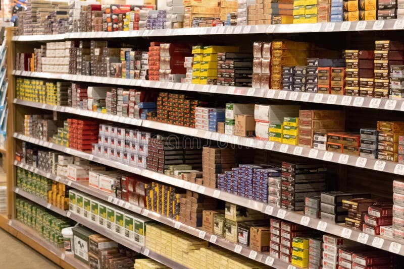 Various types of ammunition line shelves of a popular hunting and sporting goods retailer