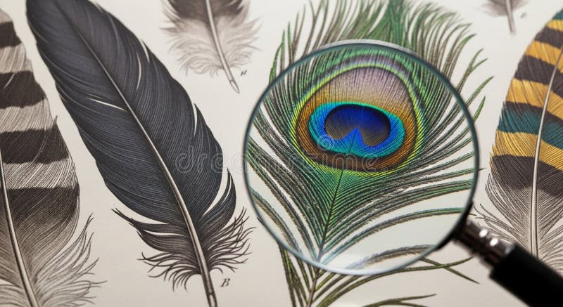 Various types of bird feathers displayed with intricate details and magnification showcasing unique patterns and colors vector illustration