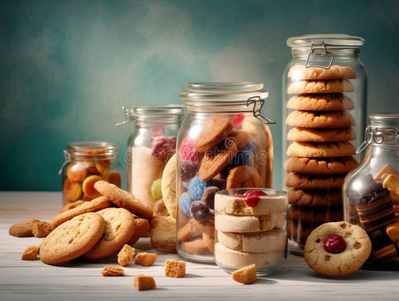 https://thumbs.dreamstime.com/b/various-types-biscuits-kept-transparent-glass-jars-kitchen-table-sealed-to-preserve-crispness-freshness-282420634.jpg