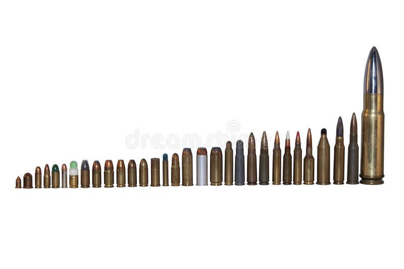 Various types and calibers of ammunition, sorted by size, isolated on white. Types conflict stock images, royalty-free photos and pictures