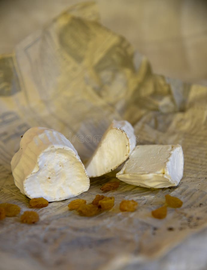 Various Types of Cheese with White Mold on Packaging Paper. Stock Photo