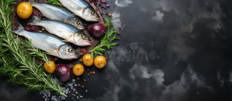 Various types of fish and vegetables displayed on the table stock photography