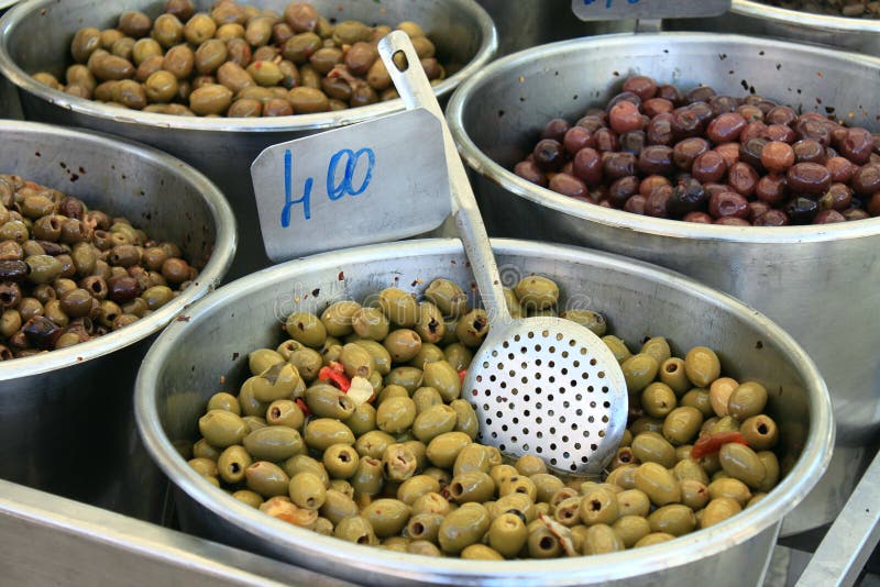 Various types of olives in Italian market