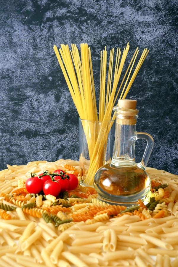 Various Types of Pasta, Raw Pasta Set with Olive Oil and Tomato, Set