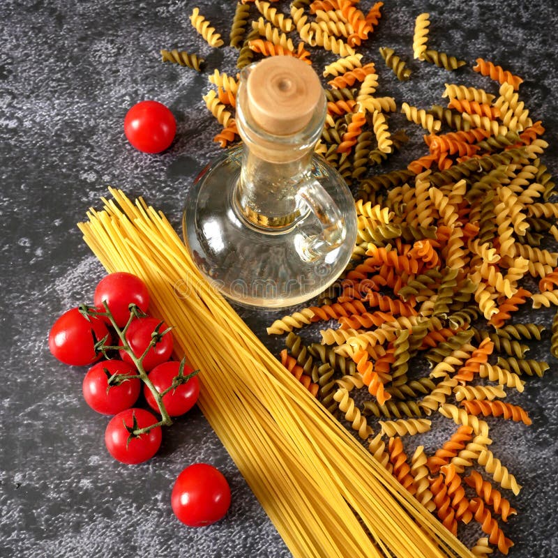 Various Types of Pasta, Raw Pasta Set with Olive Oil and Tomato, Set