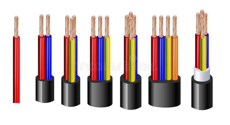 Various types power, acoustic cables with electrical wire conductors held together with overall sheath realistic set vector illustration. Shielded and with additional insulation. Vector illustration 10 eps