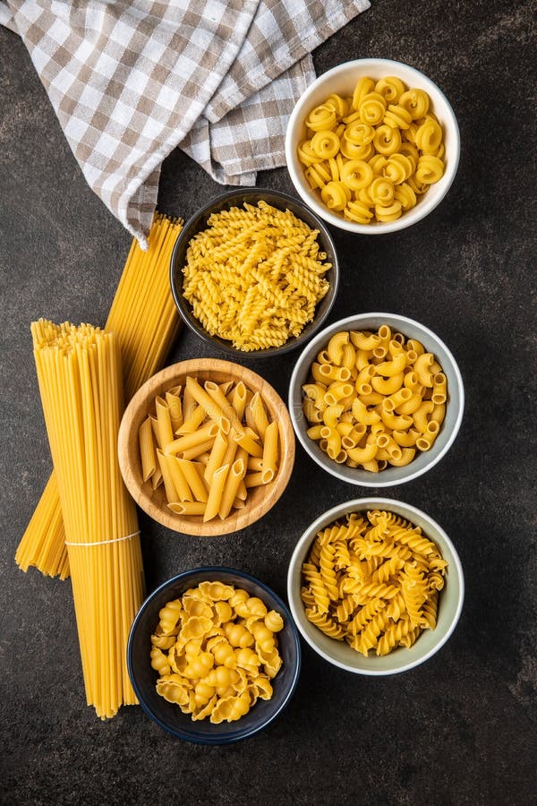 Various Types of Raw Italian Pasta in Bowls Stock Photo Image of