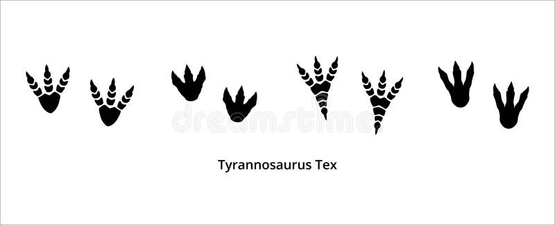 Various Tyrannosaurus rex foot print. Assorted T-rex foot print symbol. Dinosaur T-rex footprint stamp template. Vector stock