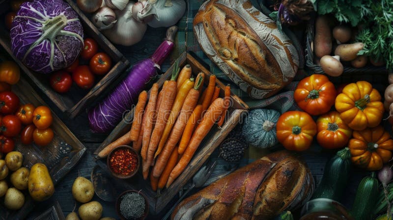 Various vegetables and bread stored in crates royalty free stock photos
