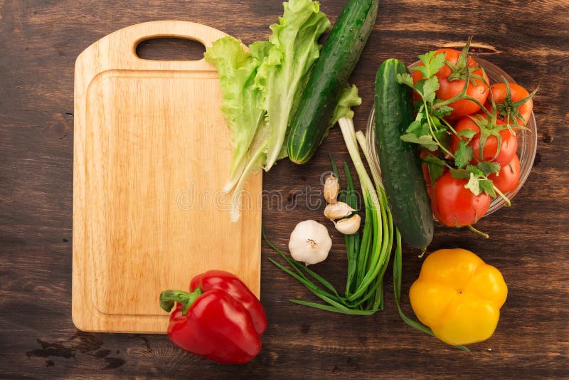 Various Vegetables And Empty Cutting Board. Stock Photo - Image of desk ...