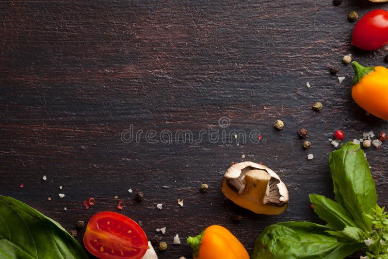 Various Vegetables and Herbs on Dark Wood Table Stock Photo - Image of ...