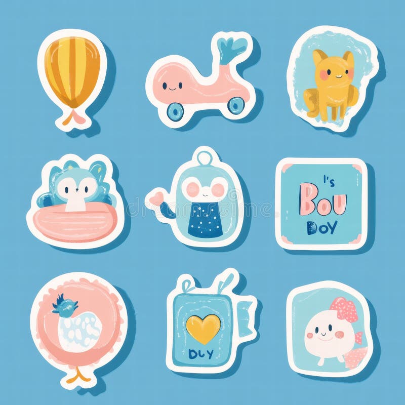Cute collection of colorful stickers featuring animals, objects, and playful designs on a blue background. Generative AI royalty free stock photos