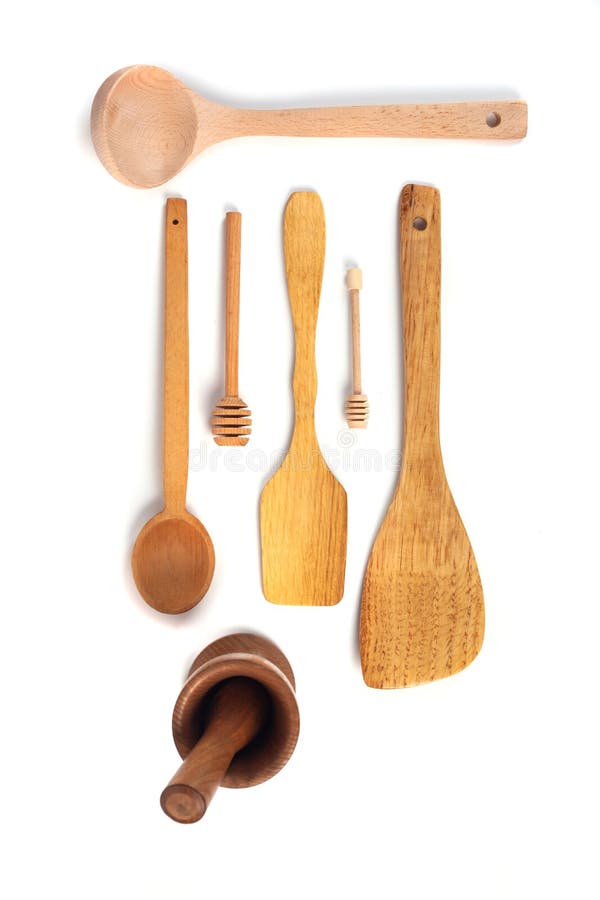 Various Wooden Kitchen Tools Isolated on White Background Stock Photo