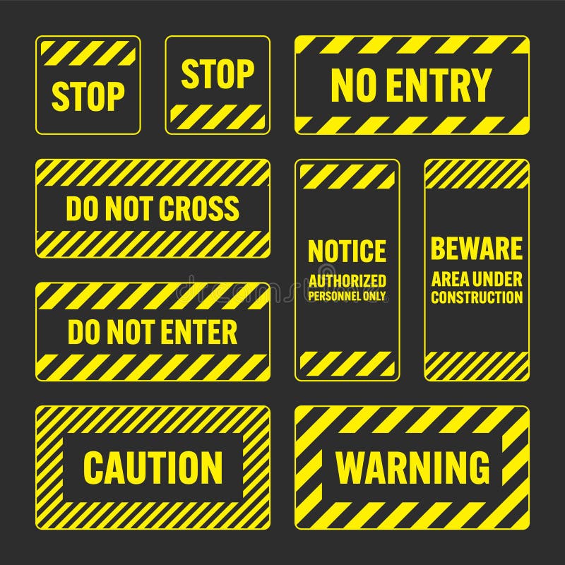 Various Yellow Warning Signs with Diagonal Lines. Attention, Danger or ...