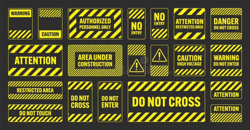 Various Yellow Warning Signs with Diagonal Lines. Attention, Danger or ...