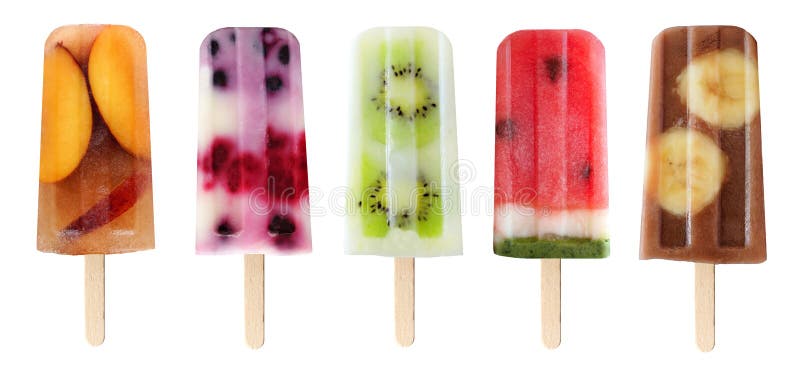Five assorted fruit popsicles isolated on a white background. Five assorted fruit popsicles isolated on a white background