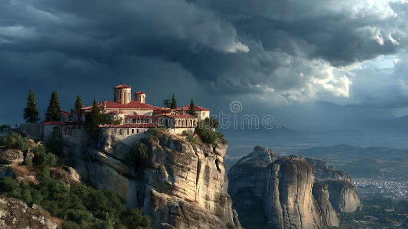 Aerial view of Varlaam Monastery on a sandstone cliff in Meteora, Greece, under a dramatic cloudy sky. royalty free illustration